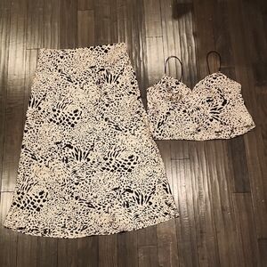 Timing Satin Two-Piece Animal Print Skirt and Crop Top Set - Beige & Black